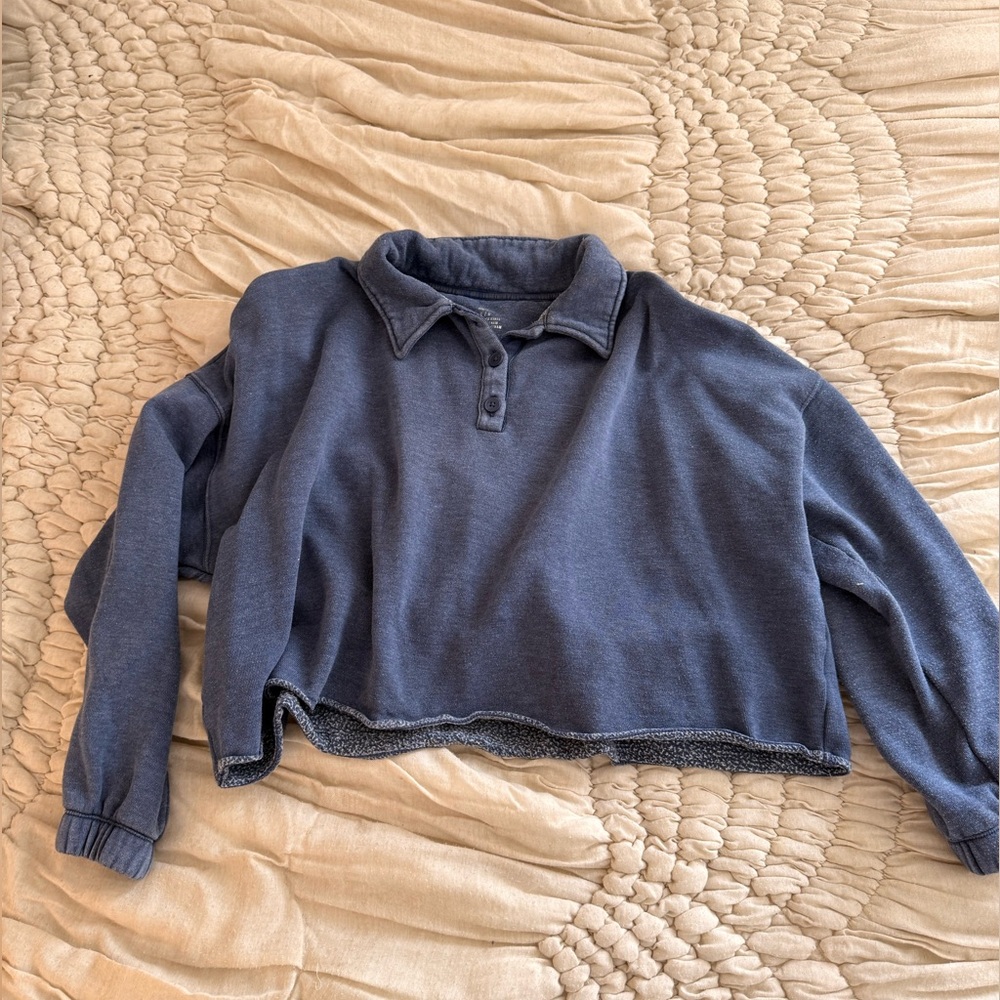 Aerie Blue Cropped Collared Sweatshirt